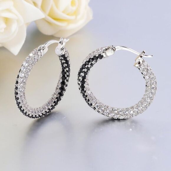 14K White Gold 925 Silver Black Onyx and Diamond Cubic Zirconia Hoop Earrings - Picture 3 of 6